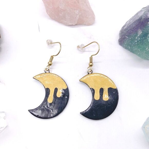 Stargazer Goods Jewelry - Black and Gold Drippy Moon Wire Hook Dangle Earrings